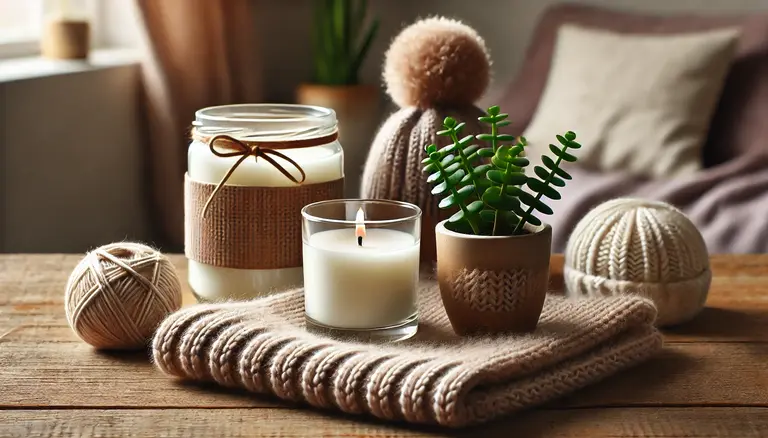 A DIY candle, a knitted scarf, and a small plant